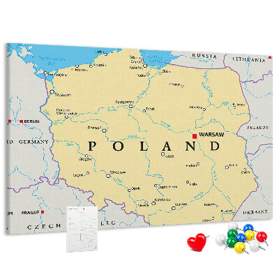 Korková nástenka na stenu Mapa Poľska s vyznačenou Varšavou
