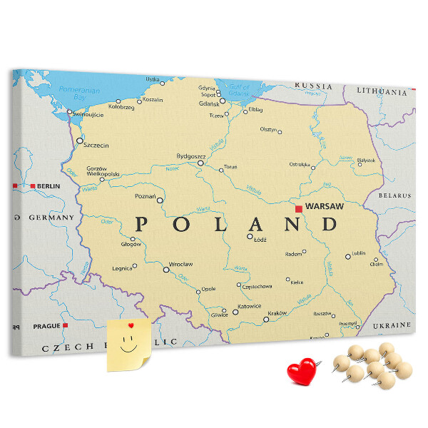 Korková nástenka na stenu Mapa Poľska s vyznačenou Varšavou