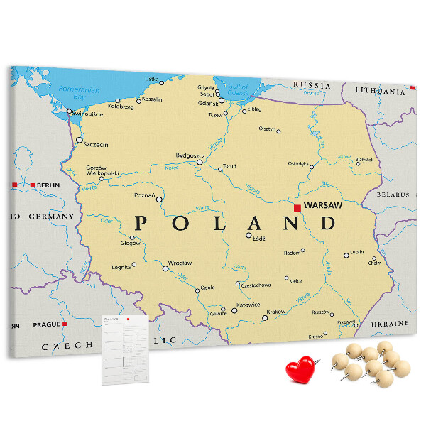 Korková nástenka na stenu Mapa Poľska s vyznačenou Varšavou