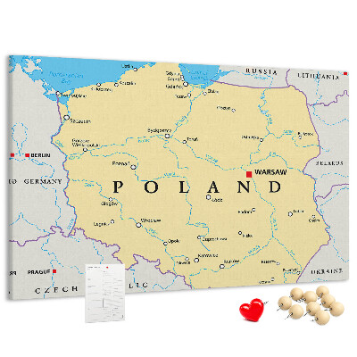 Korková nástenka na stenu Mapa Poľska s vyznačenou Varšavou