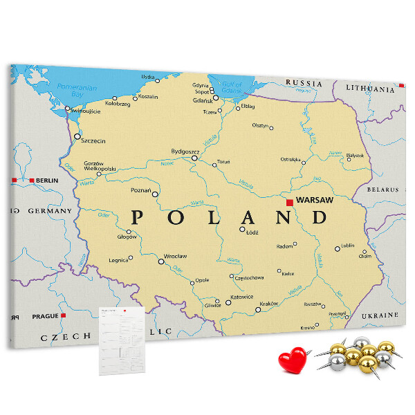 Korková nástenka na stenu Mapa Poľska s vyznačenou Varšavou