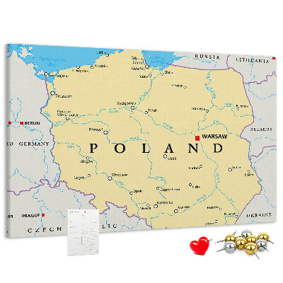 Korková nástenka na stenu Mapa Poľska s vyznačenou Varšavou