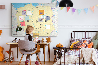 Korková nástenka na stenu Mapa Poľska s vyznačenou Varšavou