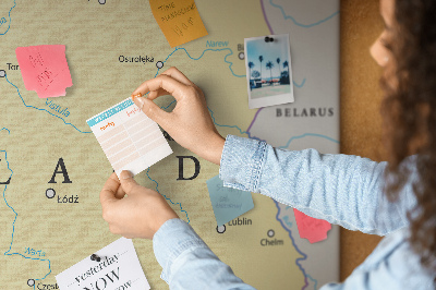 Korková nástenka na stenu Mapa Poľska s vyznačenou Varšavou