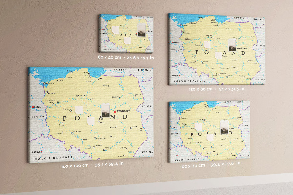 Korková nástenka na stenu Mapa Poľska s vyznačenou Varšavou