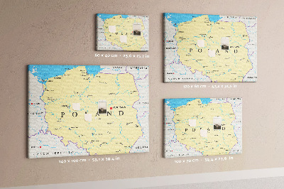 Korková nástenka na stenu Mapa Poľska s vyznačenou Varšavou