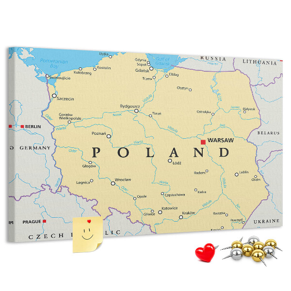 Korková nástenka na stenu Mapa Poľska s vyznačenou Varšavou