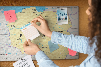 Korková nástenka na stenu Mapa Poľska s vyznačenou Varšavou