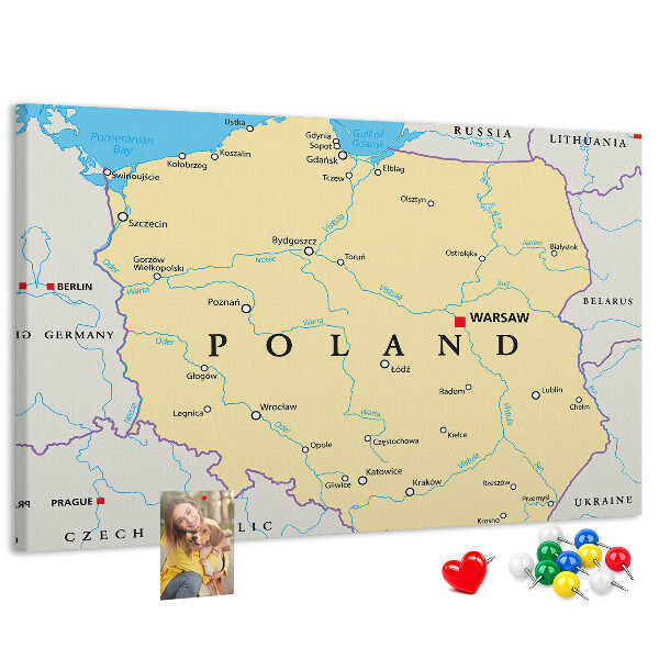 Korková nástenka na stenu Mapa Poľska s vyznačenou Varšavou