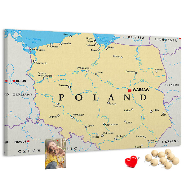Korková nástenka na stenu Mapa Poľska s vyznačenou Varšavou