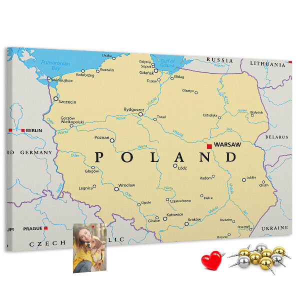 Korková nástenka na stenu Mapa Poľska s vyznačenou Varšavou