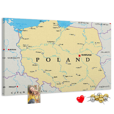 Korková nástenka na stenu Mapa Poľska s vyznačenou Varšavou
