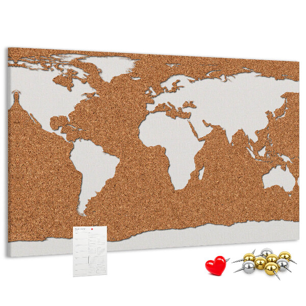 Korková nástenka na stenu Mapa sveta z korku pripnutá na pin-on.