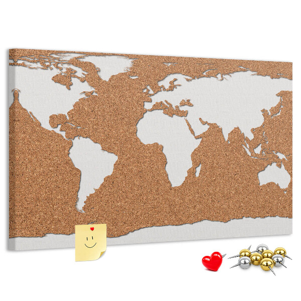 Korková nástenka na stenu Mapa sveta z korku pripnutá na pin-on.