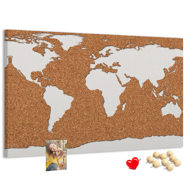 Korková nástenka na stenu Mapa sveta z korku pripnutá na pin-on.