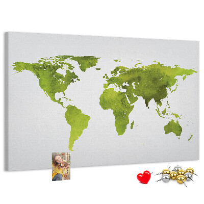 Korková nástenka na stenu Zelená mapa sveta s akvarelovým efektom