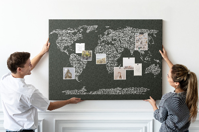 Korková nástenka na stenu Mapa sveta v textovej forme.