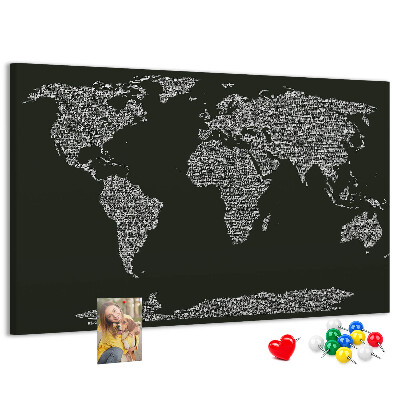 Korková nástenka na stenu Mapa sveta v textovej forme.