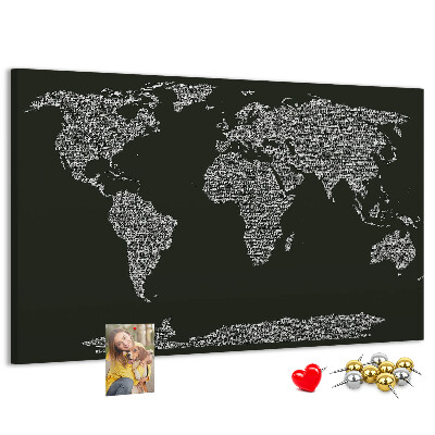 Korková nástenka na stenu Mapa sveta v textovej forme.