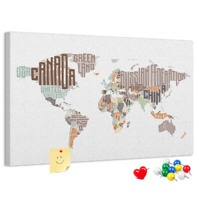 Korková tabuľa Mapa sveta s názvami krajín