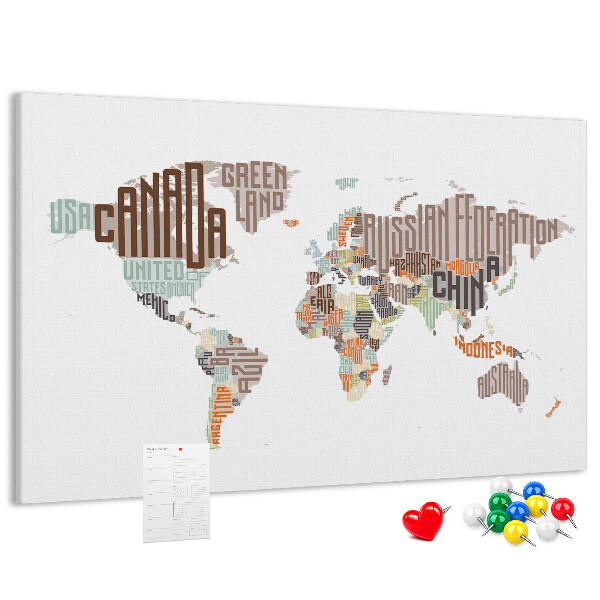 Korková tabuľa Mapa sveta s názvami krajín