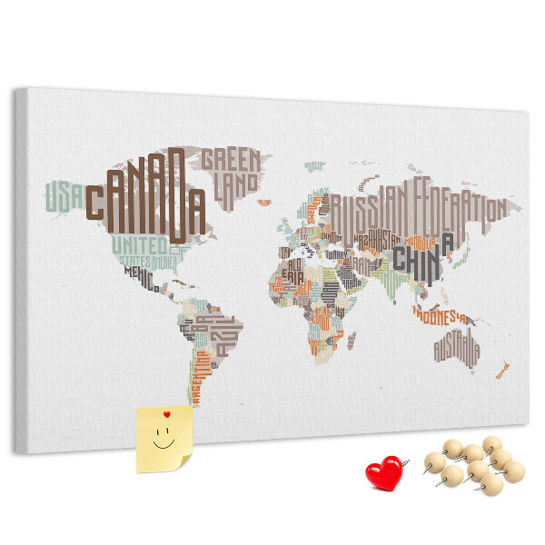 Korková tabuľa Mapa sveta s názvami krajín