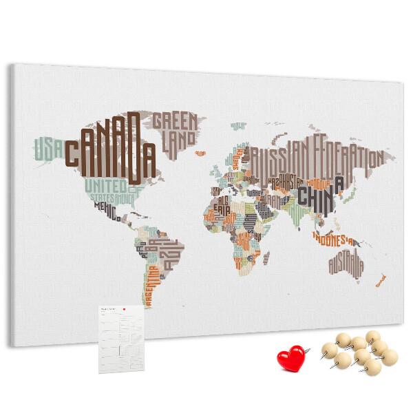 Korková tabuľa Mapa sveta s názvami krajín