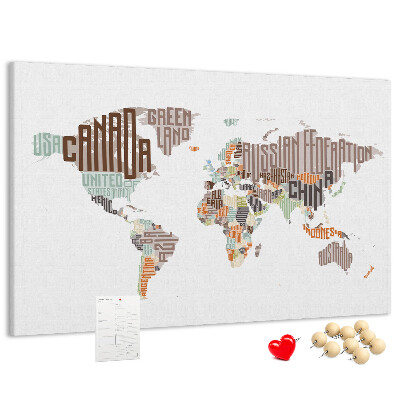 Korková tabuľa Mapa sveta s názvami krajín