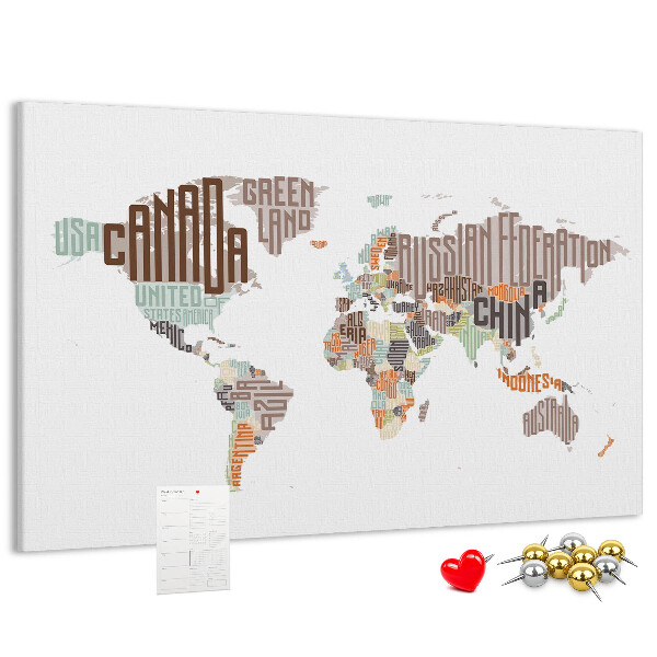 Korková tabuľa Mapa sveta s názvami krajín