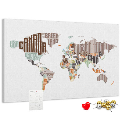 Korková tabuľa Mapa sveta s názvami krajín
