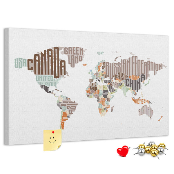 Korková tabuľa Mapa sveta s názvami krajín