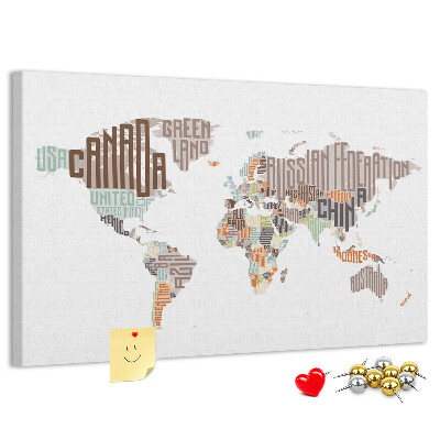 Korková tabuľa Mapa sveta s názvami krajín