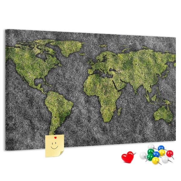 Korková nástenka na stenu Zelená mapa sveta na sivom pozadí