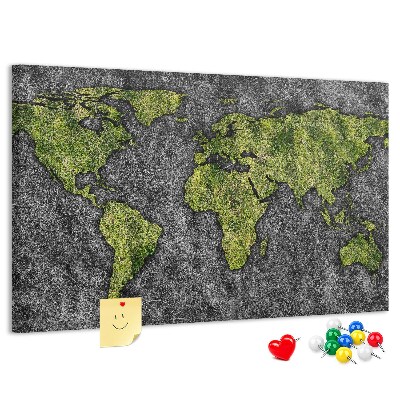 Korková nástenka na stenu Zelená mapa sveta na sivom pozadí