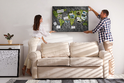 Korková nástenka na stenu Zelená mapa sveta na sivom pozadí