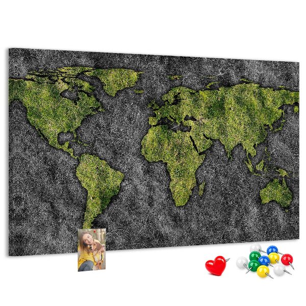 Korková nástenka na stenu Zelená mapa sveta na sivom pozadí