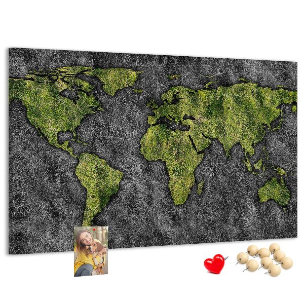 Korková nástenka na stenu Zelená mapa sveta na sivom pozadí