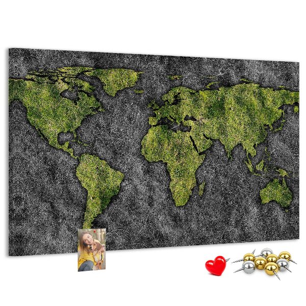Korková nástenka na stenu Zelená mapa sveta na sivom pozadí