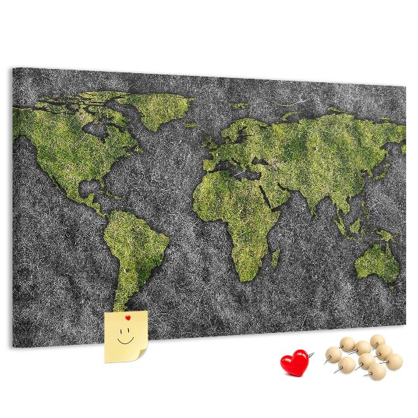 Korková nástenka na stenu Zelená mapa sveta na sivom pozadí