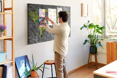 Korková nástenka na stenu Zelená mapa sveta na sivom pozadí