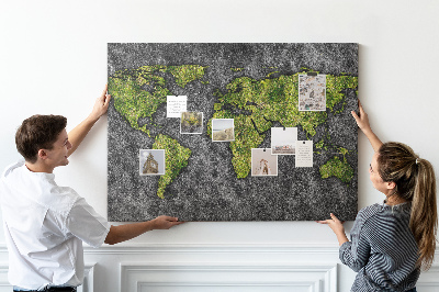 Korková nástenka na stenu Zelená mapa sveta na sivom pozadí