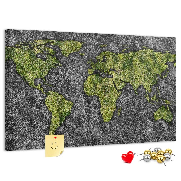 Korková nástenka na stenu Zelená mapa sveta na sivom pozadí