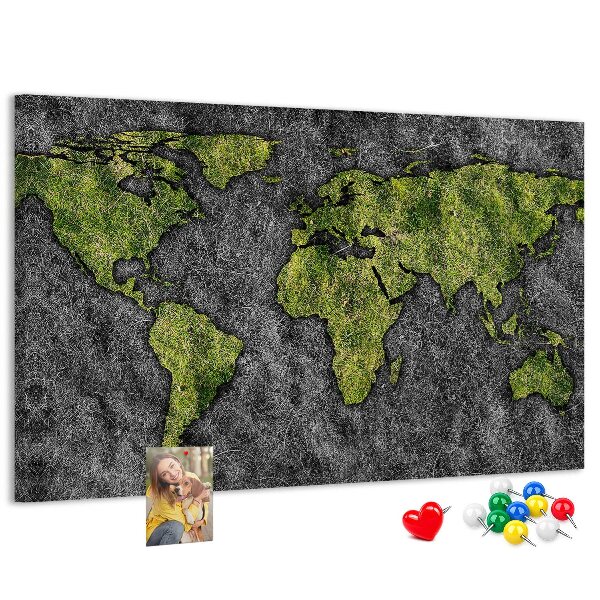 Korková nástenka na stenu Zelená mapa sveta na sivom pozadí