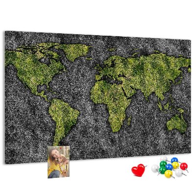 Korková nástenka na stenu Zelená mapa sveta na sivom pozadí