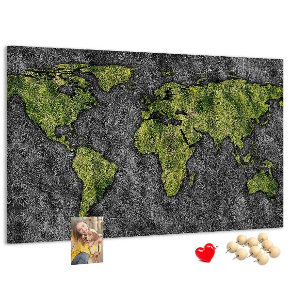 Korková nástenka na stenu Zelená mapa sveta na sivom pozadí