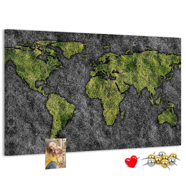 Korková nástenka na stenu Zelená mapa sveta na sivom pozadí