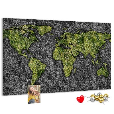 Korková nástenka na stenu Zelená mapa sveta na sivom pozadí