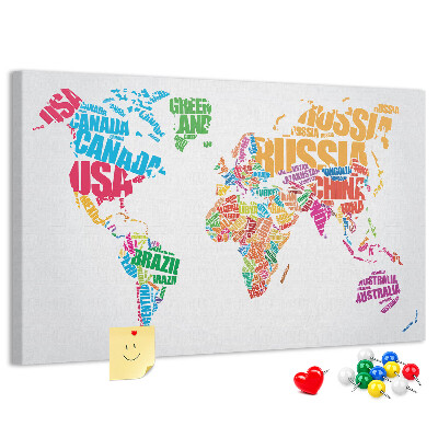 Nástenka Farebná mapa sveta s názvami krajín