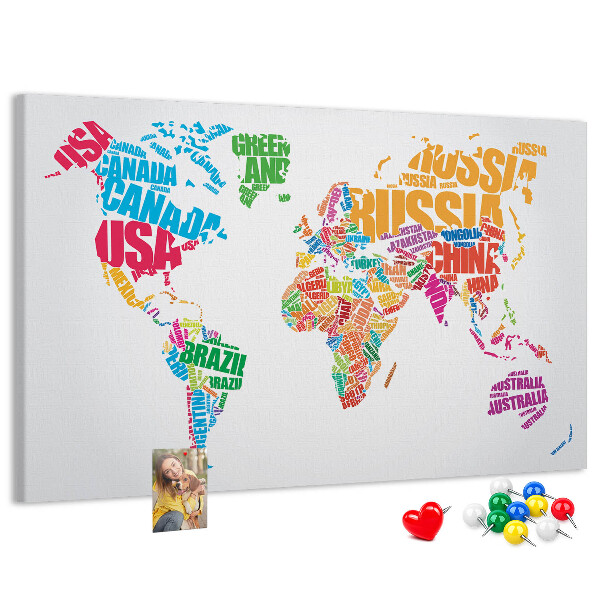 Nástenka Farebná mapa sveta s názvami krajín