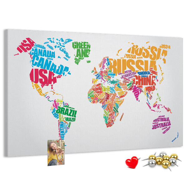 Nástenka Farebná mapa sveta s názvami krajín